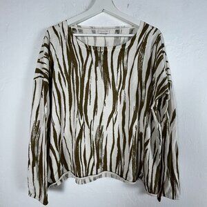 Garnet Hill Womens Silk Cotton Abstract Knit Sweater Large Olive White Pullover